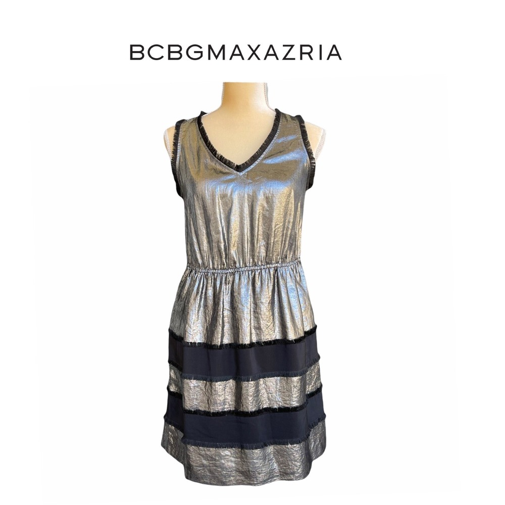 BCBG Maxazria Shimmering Metallic Silver V-Neck Dress Sz XS Polyester/Silk Blend